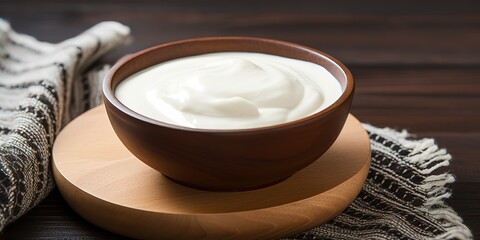 Fototapeta na wymiar a bowl of yogurt on a brown table board, a brown bowl