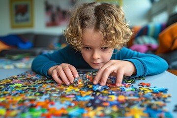 Young Child Focused on Solving Colorful Puzzle