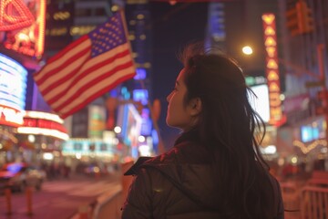 Fototapeta premium Woman Admiring Times Square Lights at Night with American Flag