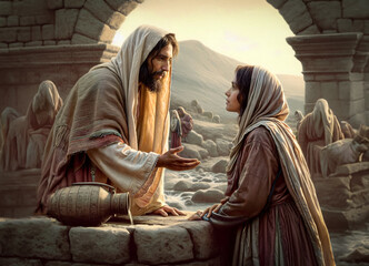 Jesus Messaih and the woman at the well - obrazy, fototapety, plakaty