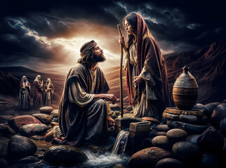 The woman at the well meets Jesus - obrazy, fototapety, plakaty