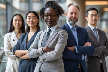 Diverse professionals with crossed arms portray teamwork in a workplace. Financial advisors exude trust, collaboration, and confidence, epitomizing accounting partners in a professional portrait.