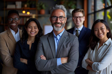 Diverse professionals with crossed arms portray teamwork in a workplace. Financial advisors exude trust, collaboration, and confidence, epitomizing accounting partners in a professional portrait.