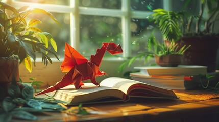reg origami dragon on the open book