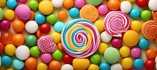 Fototapeta na wymiar Top view candies background. children sweets