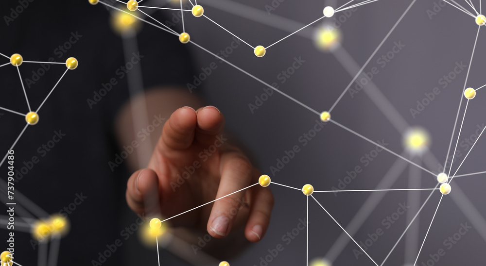 Poster a man hand touching virtual screen, modern background concept , can put your text at the finger, cop