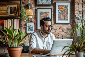 Focused Professional Working on Laptop in Artistic Home Office