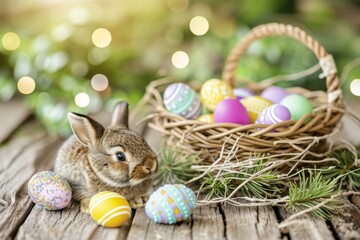 Happy Easter Eggs Basket Playfulness. Bunny in anniversary card flower Garden. Cute 3d Charming easter rabbit illustration. Easter pistachio card wallpaper Digital Card