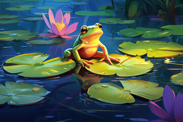 A frog sitting on a lily pad