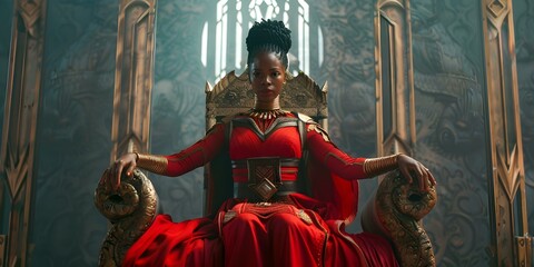 Powerful Black woman exudes regal authority while seated on a majestic throne. Concept Majestic Throne, Regal Authority, Powerful Black Woman, Symbol of Strength, Exuding Confidence - obrazy, fototapety, plakaty