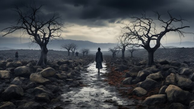 Mysterious Journey: Solitary Figures Amidst Barren Trees
