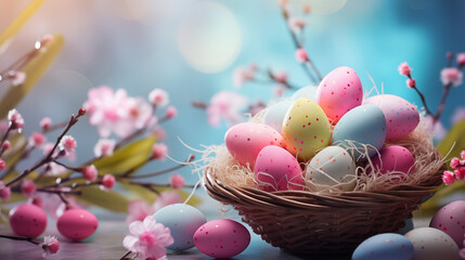 Tło na życzenia Wielkanocne. Alleluja - Wesołych świąt Wielkiej Nocy. Jaja wielkanocne - kolorowe pisanki