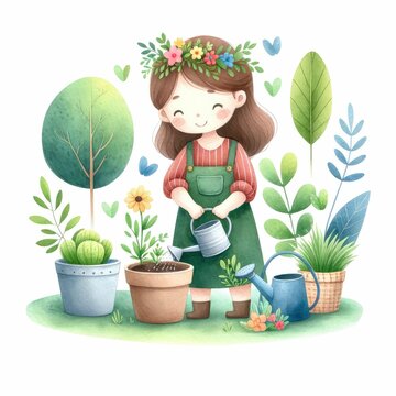 Gardener girl plants on summer lawn with butterflies. Child enjoying gardening and planting flowers. women's day. mother's day clipart.