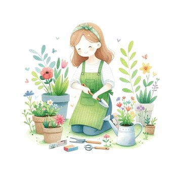 Gardener girl plants on summer lawn with butterflies. Child enjoying gardening and planting flowers. women's day. mother's day clipart.