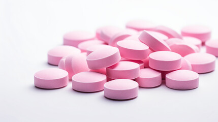 Closeup pile of pink round sugar coated tablets