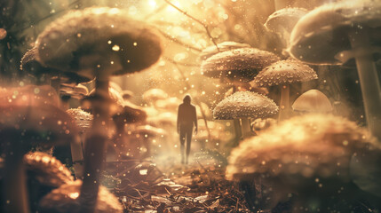 In a dreamlike landscape, a figure wanders through a forest of giant mushrooms