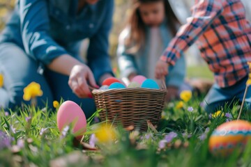 Happy Easter Eggs Basket Olive kid child. Bunny in Cheerful flower Garden. Cute 3d farewell card easter rabbit illustration. Easter choir performance card wallpaper humorous card