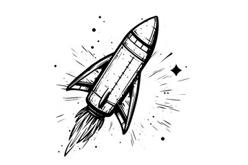 Space ship. Vintage rocket shuttle woodcut engraved vector sketch illustration.