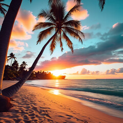 sunset on the beach with palm tree - obrazy, fototapety, plakaty