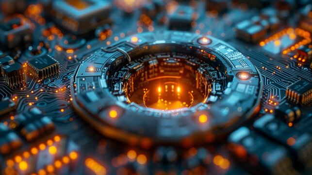 a close up of a computer motherboard with a hole in the middle