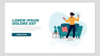 Vektor-Illustration eines Mannes mit einer virtuellen Realität Brille in ihrem Wohnzimmer - künstliche Intelligenz Konzept
