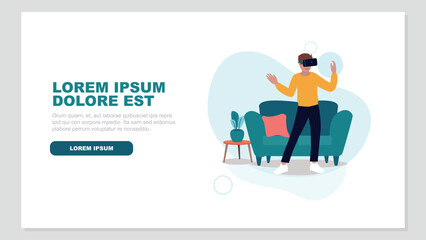 Vektor-Illustration eines Mannes mit einer virtuellen Realität Brille in ihrem Wohnzimmer - künstliche Intelligenz Konzept