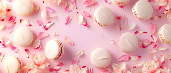 Fototapeta na wymiar Pink floral mockup with macarons, flowers, petals. Spring women's background. Composition for holidays greeting card.Flat lay.Pastry food. Generative ai