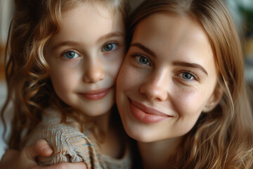  A preschooler daughter hugs her smiling mother, sharing love and affection. The little girl embraces her happy mom, a tender moment of intimacy and joy.