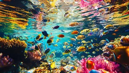 colorful vibrant underwater landscape of tropical reef fish coral and water reflections 