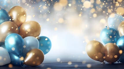 Naklejka na ściany i meble Realistic festive background with golden and blue balloons falling confetti blurry background and a bokeh lights