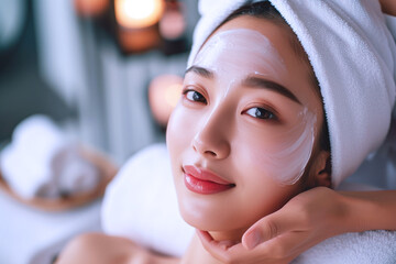 Beautician doing facial skin care for Korean girl in beauty salon