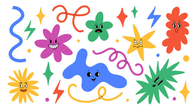 Naklejki Abstract elements set. Star, flower, cloud shapes sticker pack. Groovy funky flower, bubble, star, loop, waves with cartoon faces. Trendy retro 90s 00s cartoon style.