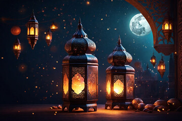 Ramadan Kareem greeting card with beautiful arabic lanterns