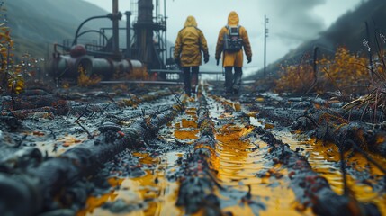 Two individuals stroll along a mucky path in a serene natural landscape