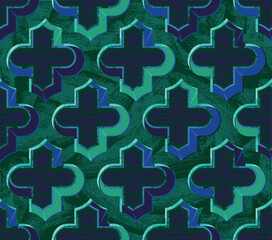 Damascus wallpaper. Arabian style pattern. Seamless vector background. Turkish mosque window  Blue and night green texture. Background for textile print, wrapping paper, oriental cuisine rest