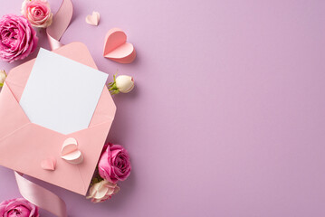 International Women's Day setup. Top view of letter spilling paper hearts, accompanied by note to convey emotions, ribbon, delicate rose flowers on gentle lilac surface, space available for text or ad