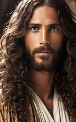 Portrait of a Jesus with long hair, Jewish robe, brown eyes