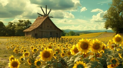 A charming countryside scene with a wooden windmill surrounded by fields of vibrant sunflowers,...