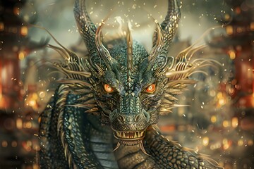 Majestic dragon king reigns in a gilded castle bringing new years wishes. Concept Golden Dragon King, Gilded Castle, New Year's Wishes