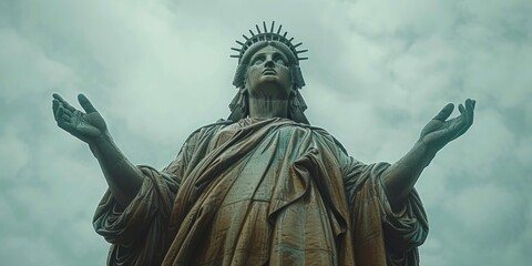 Obraz premium The Statue of Liberty Standing Tall Against the Sky, Symbolizing Hope and Democracy for All, Generative AI