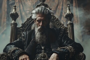 Regal fantasy king with a majestic grey beard seated on a grand iron throne within a palatial setting. Concept Regal Fantasy King, Majestic Grey Beard, Iron Throne, Palatial Setting, Grandeur