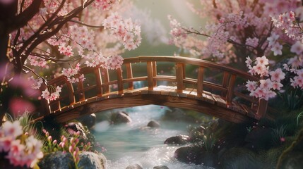 A Charming Wooden Bridge Over a Babbling Stream, Spring Days