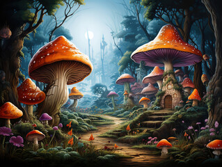 A forest with a mushroom house, colorful