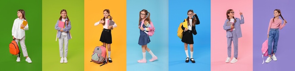 Schoolgirl on color backgrounds, set of photos