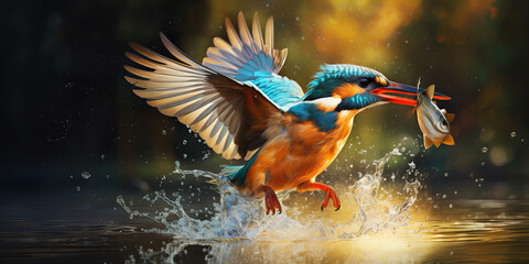 A beautiful kingfisher catching fish over the water .