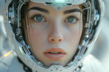 Close up of a beautiful futuristic woman wearing a helmet