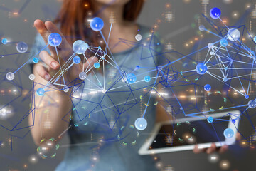 abstract lines with dots over dark background.  - neural network exposure digital