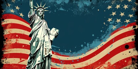 The Statue of Liberty Stands Proud Before the Waving American Flag, Symbolizing the Enduring Spirit of Liberty and Democracy, Generative AI