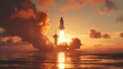 Space shuttle launches at sunset filled with clouds - obrazy, fototapety, plakaty