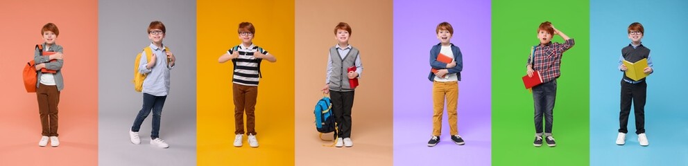 Little schoolboy on color backgrounds, set of photos